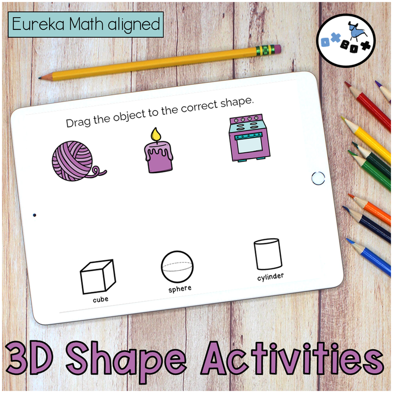 Picture of an ipad with a virtual learning activity for kindergarten math matching 3d shapes to real life objects.