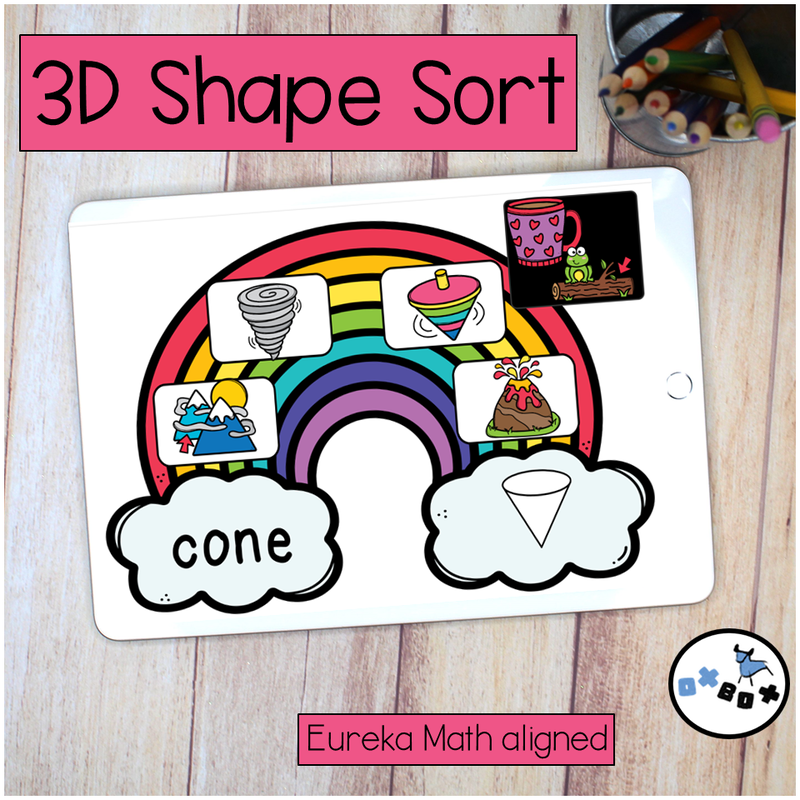 Picture of an ipad with a virtual learning activity for kindergarten math sorting 3d (solid) shapes.
