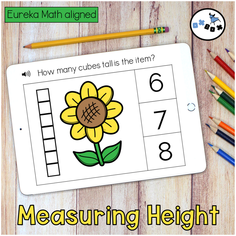 Kindergarten math activity on an ipad for distance learning where students measure the length and height of objects.