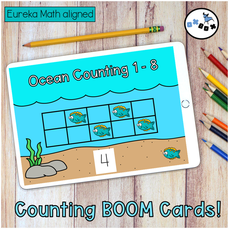 Picture of a fish counting activity to 8 on an ipad for virtual learning.