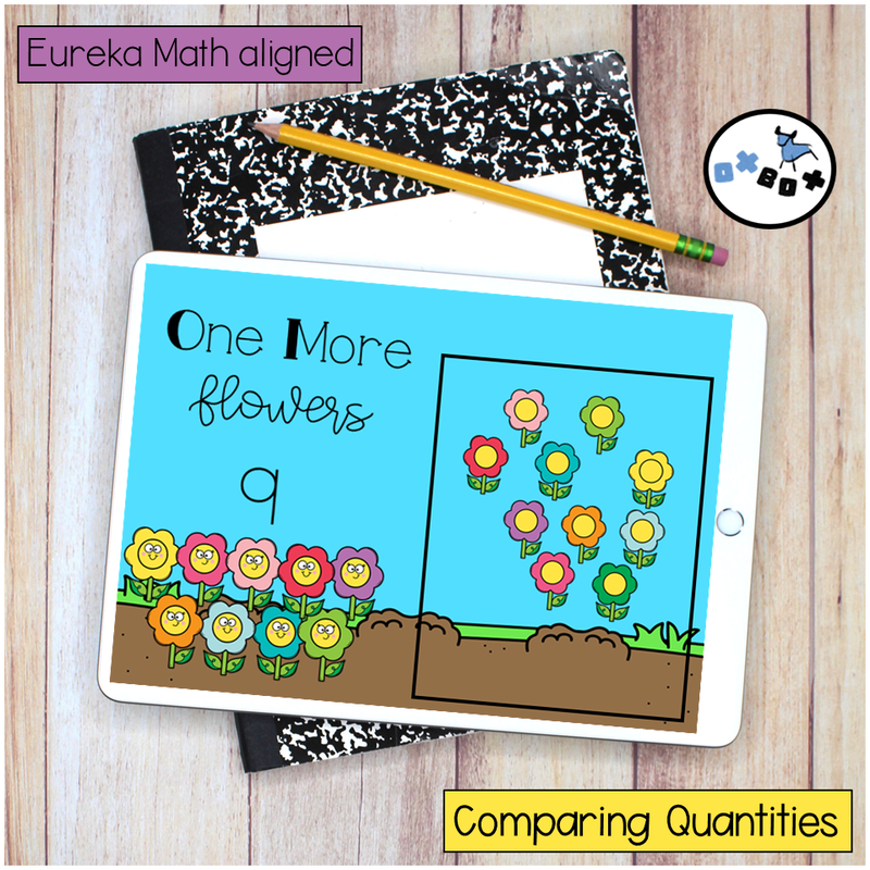 Picture of a flower themed math activity for finding sets of one more on an ipad for virtual learning.
