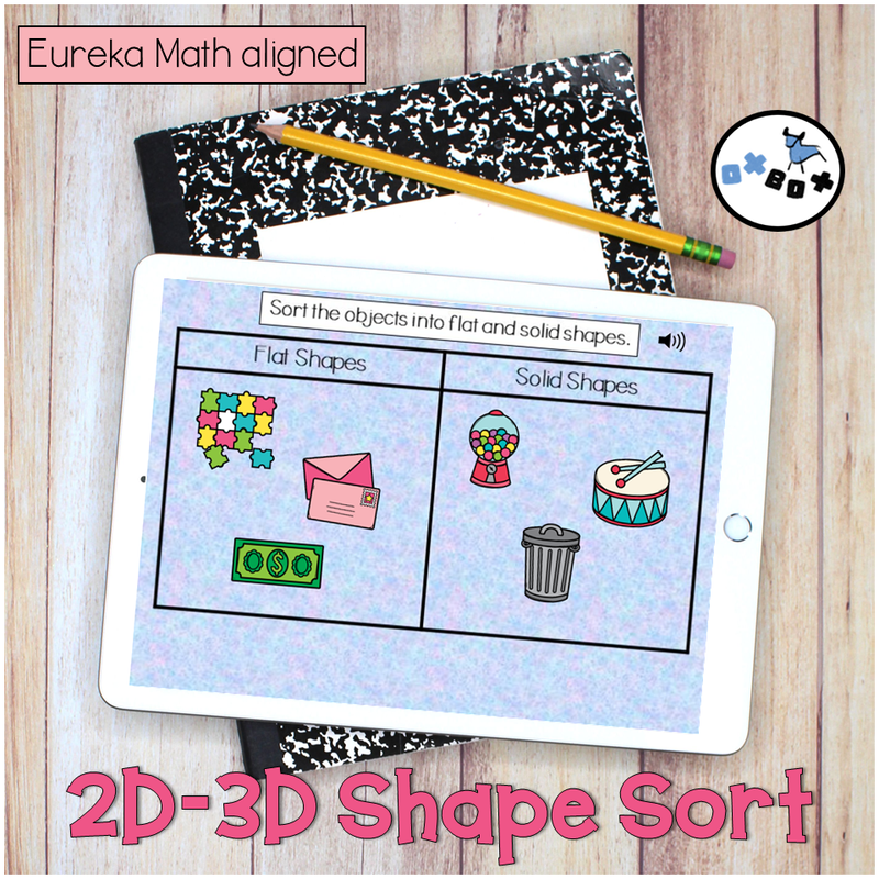 Picture of an ipad with a virtual learning activity for kindergarten math sorting flat and solid shapes.